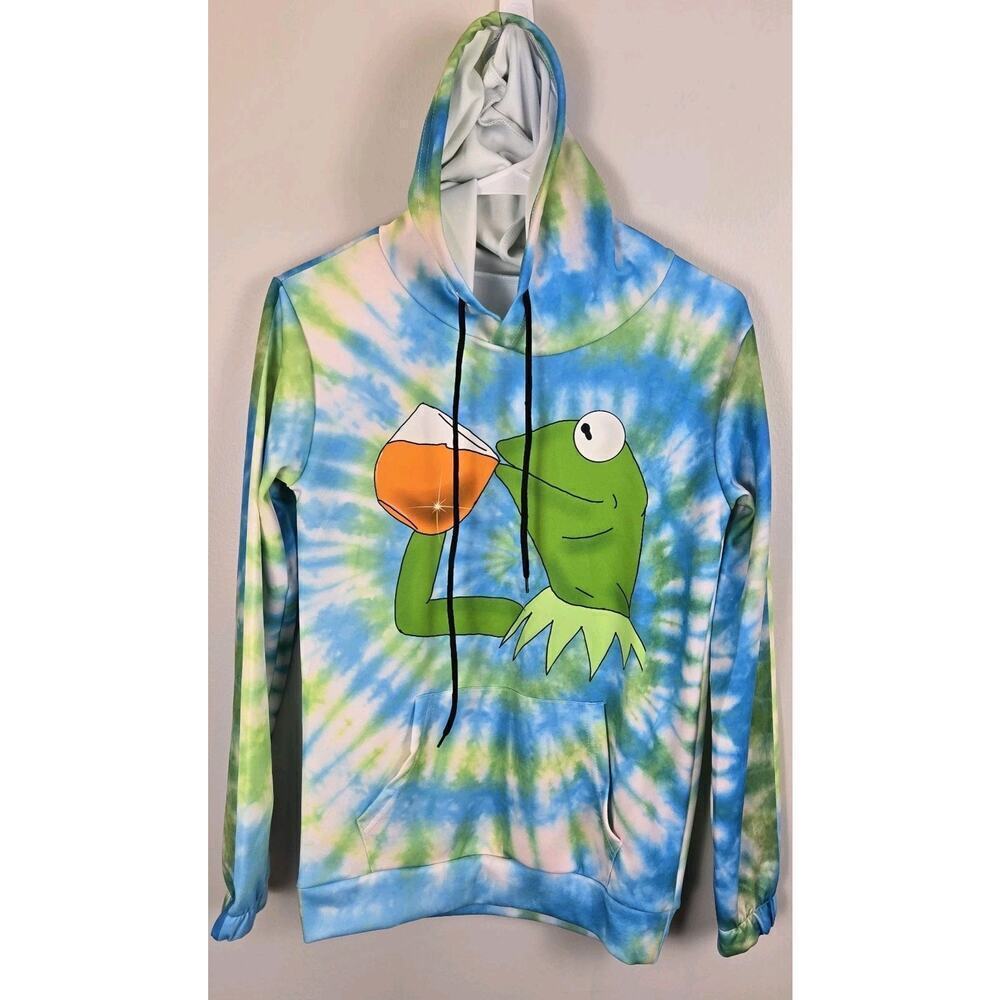 KERMIT THE FROG W Wine Tie Dye Hoodie Lightweight MED Cartoon Novelty Sesame St